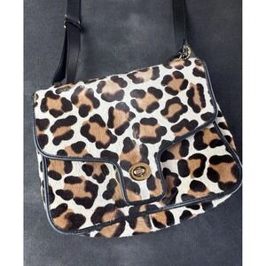 Coach Animal Print Calf Hair Leather Crossbody Bag Brown Black Gold Turnlock